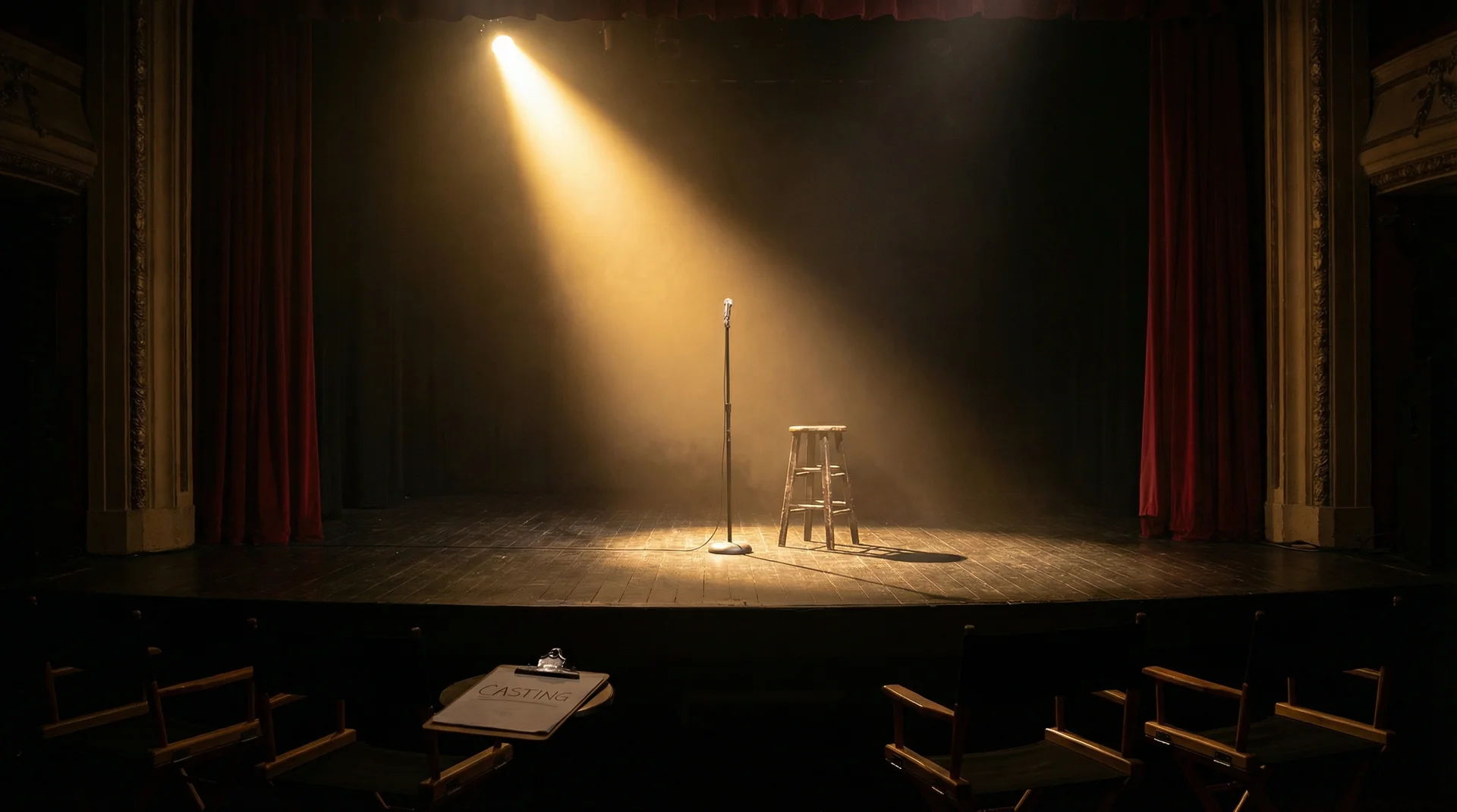 在线屋 选角现场，聚光灯下的空舞台等待演员登场